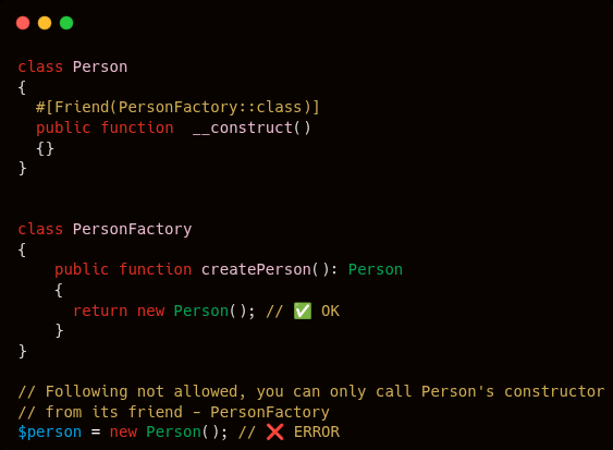 Code showing the Friend attribute usage with creational patterns
