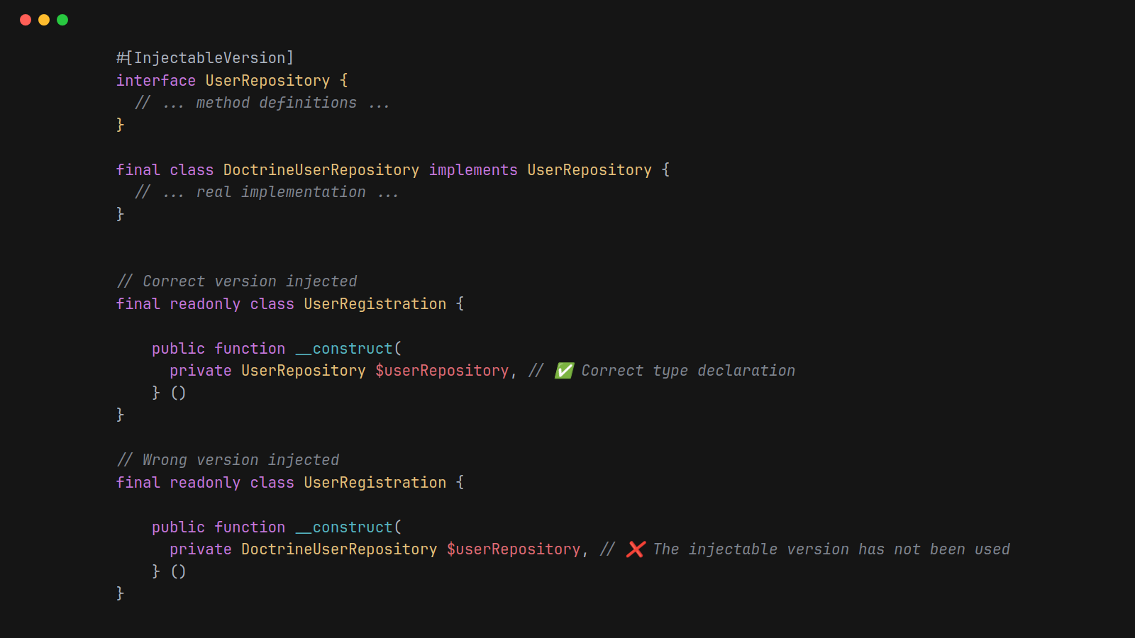 Code showing the InjectableVersion attribute usage