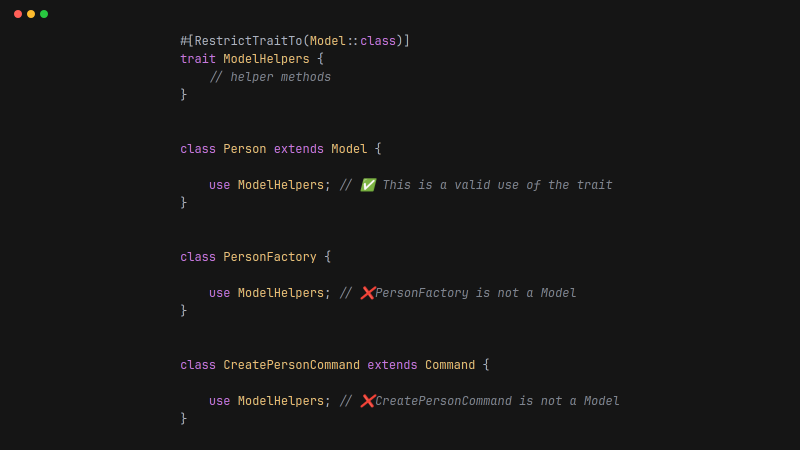 Code showing the RestrictTraitTo attribute usage