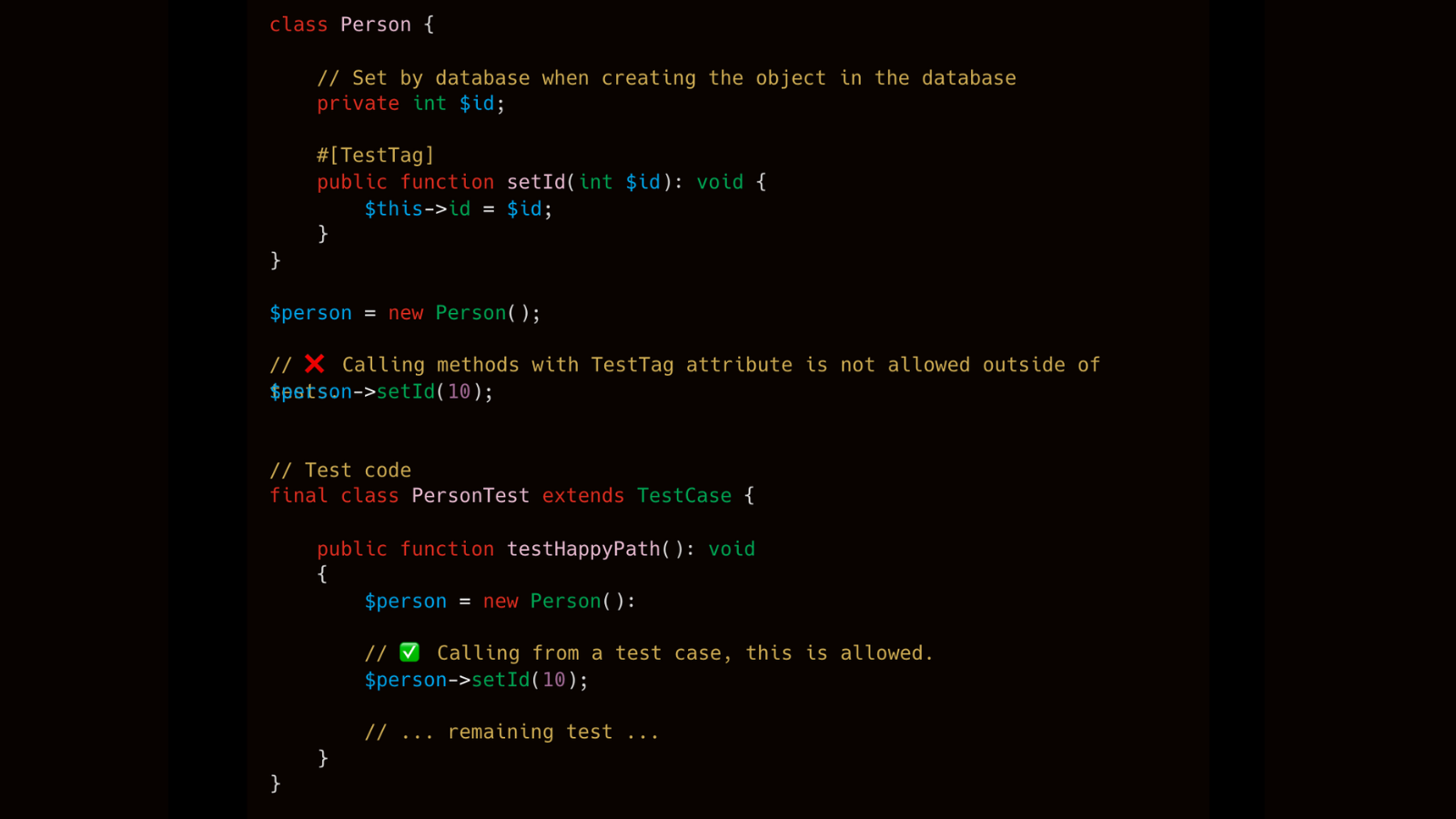 Code showing the TestTag attribute usage